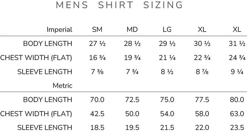 FARA Short Sleeve Tee Shirt Mens Size Chart